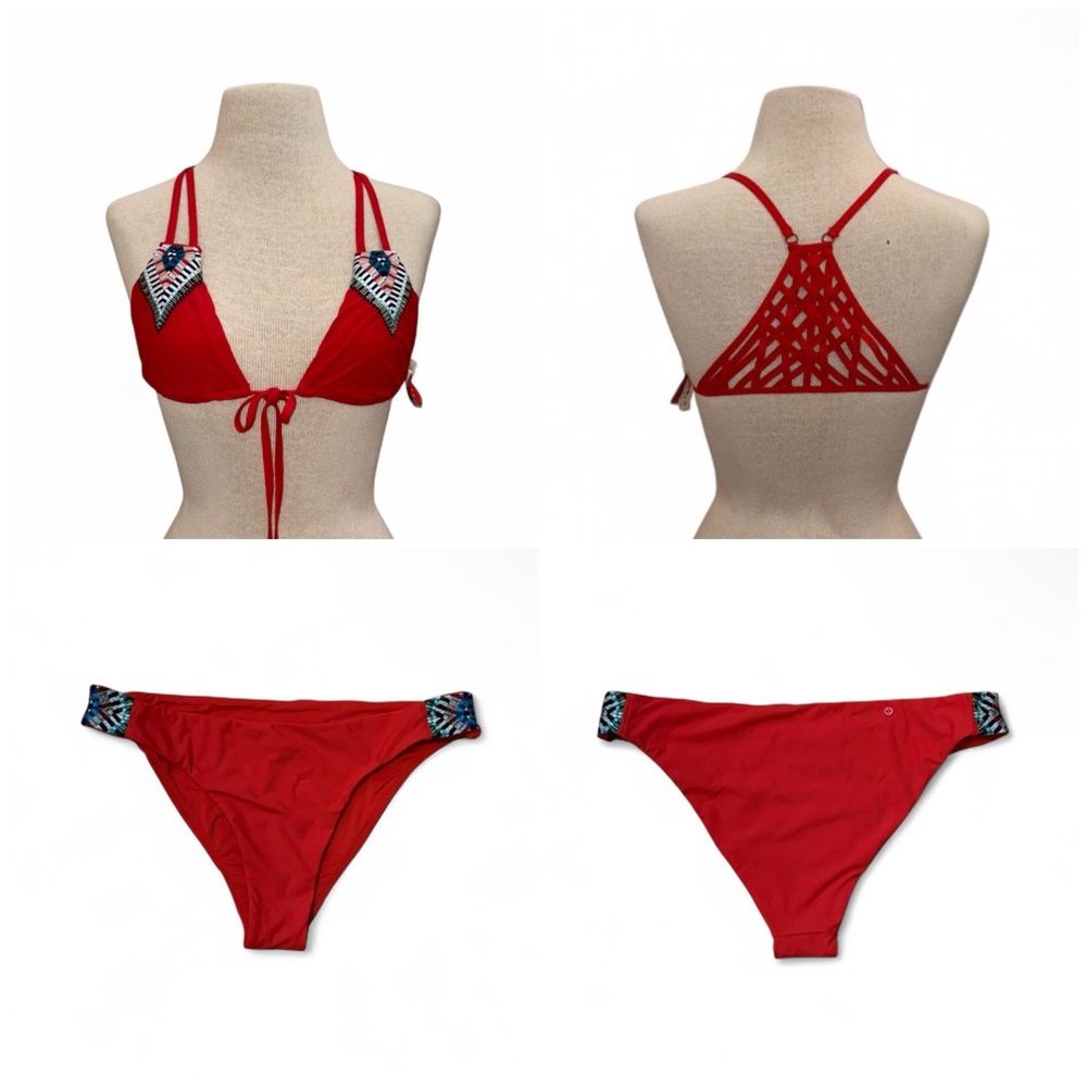 Red Carter Bohemian Braided Strappy adjustable Bikini Set Sz Medium Resort Beach